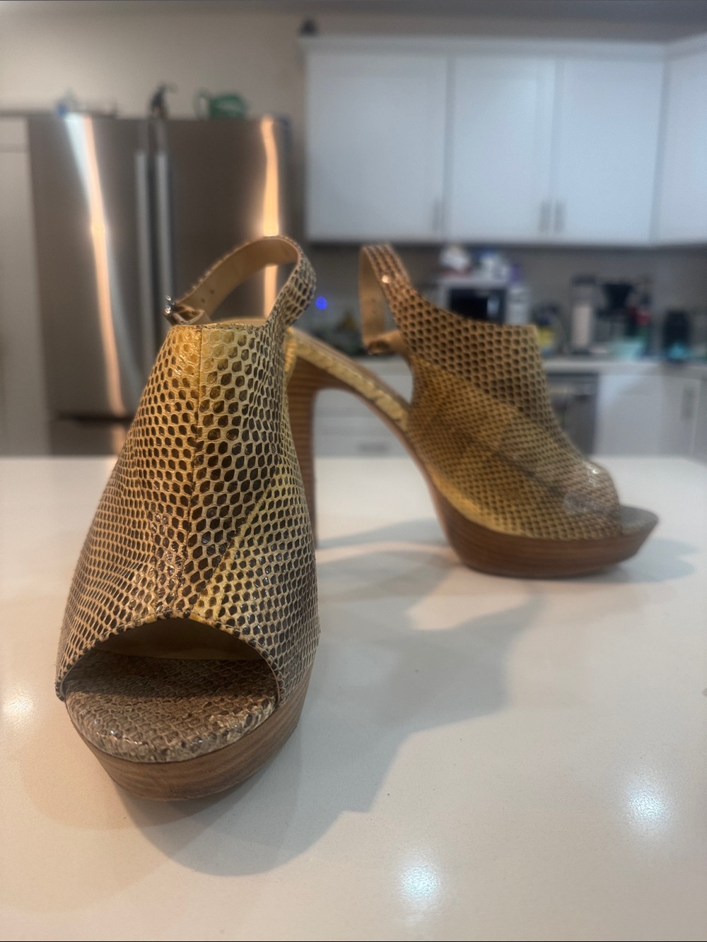BCBGeneration beige and tan Snake-Print Peep-Toe Wedge leather Sandals
